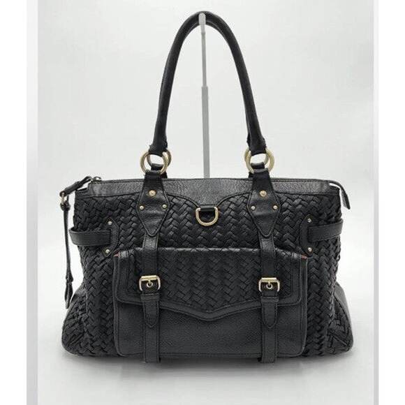 Cole Haan Black Woven Leather Handbag Shoulder Bag w/ Shoulder Strap & Dust Bag